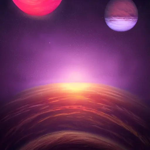 Prompt: a detailed digital painting of a marble - like planet orbiting a large purple sun in a sea of stars, by alena aenami, petros afshar and greg rutkowski trending on artstation, deviantart, planet, clouds, earth, exoplanet, stars, nubulae hubble, swirling gas clouds