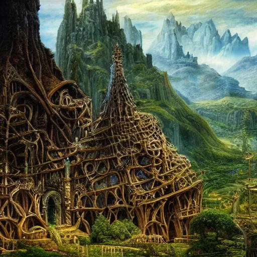 Image similar to a beautiful and highly detailed oil painting of an elven kingdom deep in the lush mountains, tangled wooden structures, stone brick structures, ancient runes, intricate details, epic scale, insanely complex, 8 k, sharp focus, hyper realism, fantasy landscape, psychedelic, by caspar friedrich and brian froud,