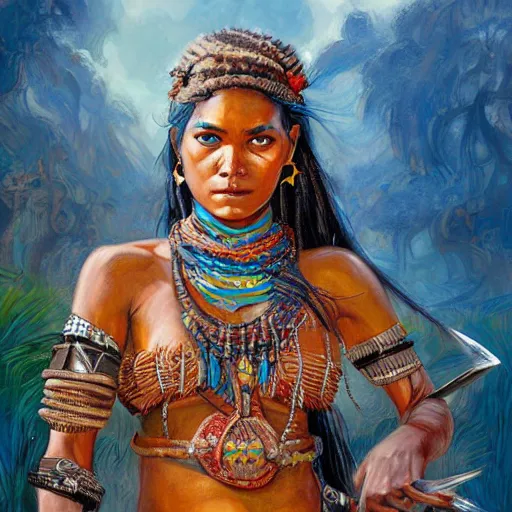 Image similar to highly detailed painting of a tribal warrior goddess woman, maldivian, blue eyes, high fantasy art by jon foster trending on arstation