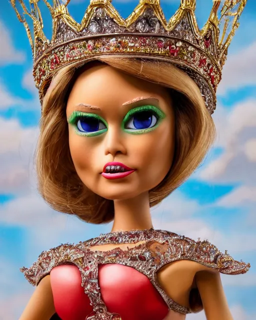Prompt: highly detailed closeup, face profile portrait of a tin toy melania trump as a fairytale princess wearing a crown and eating cakes, bikini, depth of field, nicoletta ceccoli, mark ryden, lostfish, dan decarlo, bob clampett, max fleischer, breathtaking, detailed and intricate environment, 8 k resolution, hyperrealistic, octane render