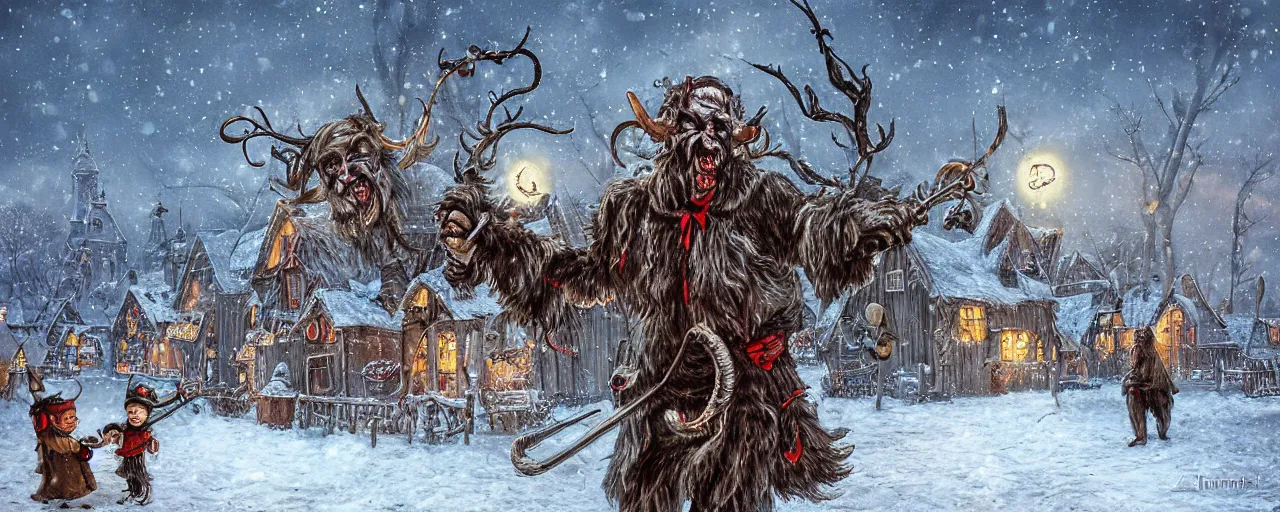 Prompt: Victorian Krampus in a snowy christmas village by antoni piotrowski