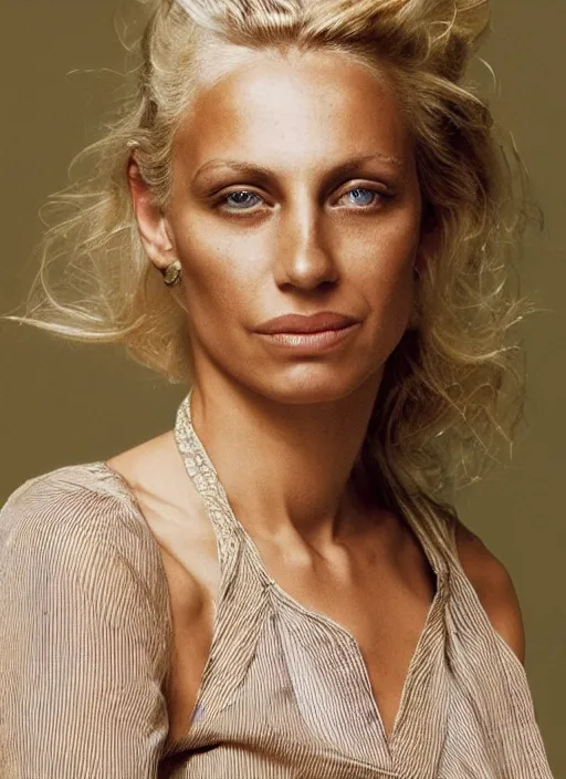 Prompt: photograph of an olive skinned blonde female in her late twenties, her hair pinned up, wearing a designer top, looking content, focused on her neck, photographer annie leibovitz