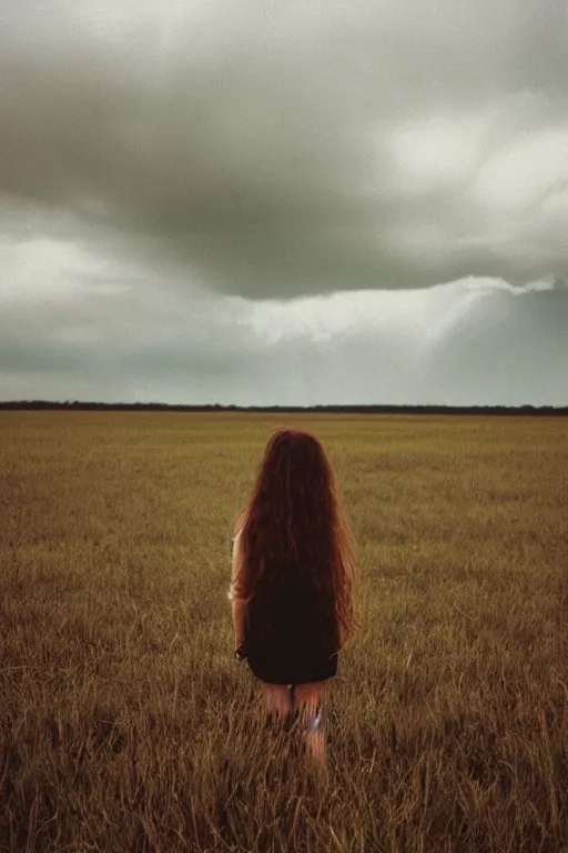 Image similar to kodak ultramax 4 0 0 photograph of a girl with long hair standing in a field, stormy clouds, wicked clouds, big clouds, back view, grain, faded effect, vintage aesthetic,