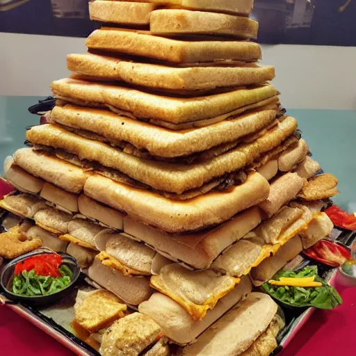 Prompt: a pyramid made of burgers