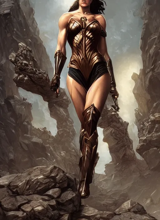 Prompt: very muscled Amazon gal gadot as a ruggedly mean looking heroine, intricate, elegant, highly detailed, centered, digital painting, artstation, concept art, smooth, sharp focus, illustration, art by artgerm and donato giancola and Joseph Christian Leyendecker, WLOP