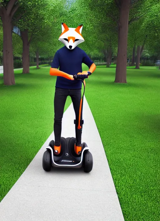 Image similar to an anthropomorphic male fox on a segway in a park, furry art, digital art, soft lighting