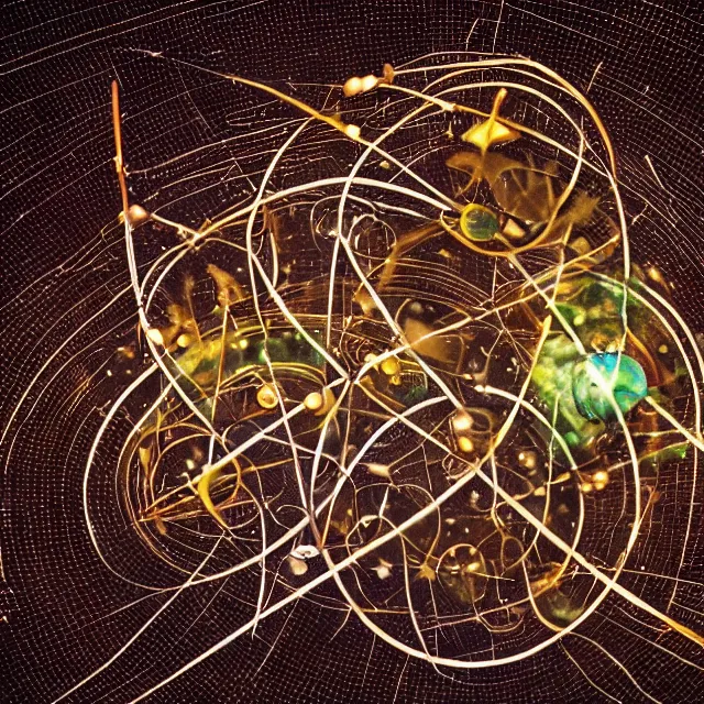 Prompt: photography of a molecule model made of planets hanging in a dark room by Lee Bontecou, mobile, psychedelic art, city map, star map, astrology, smoke, fluid simulation, sciFi