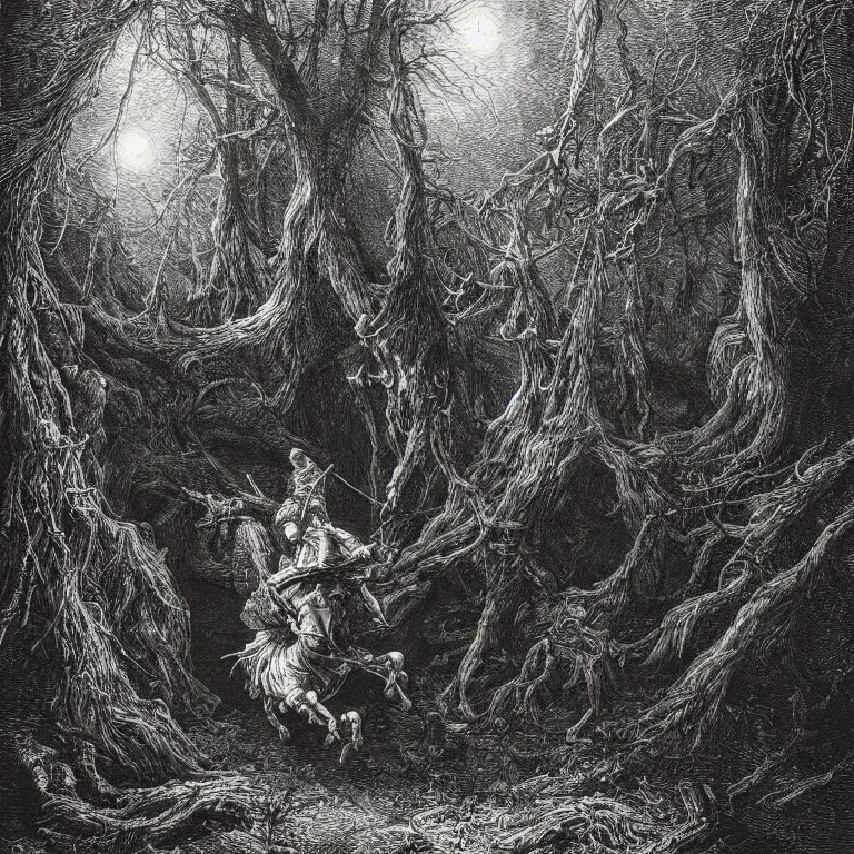 Prompt: an engraving of a knight in a tangled forest at night, wistman ’ s wood by gustave dore, john blanche, ian miller, highly detailed, strong shadows, depth, illuminated focal point