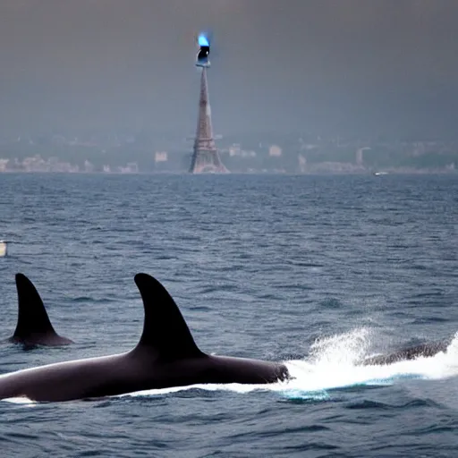 Image similar to orca whales swimming past the Eiffel Tower, 4k