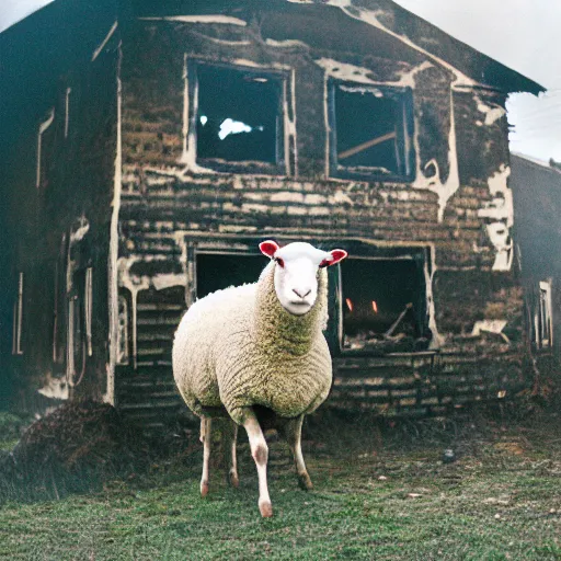 Prompt: a sheep in front of a burning house, cinestill 800t 100mm