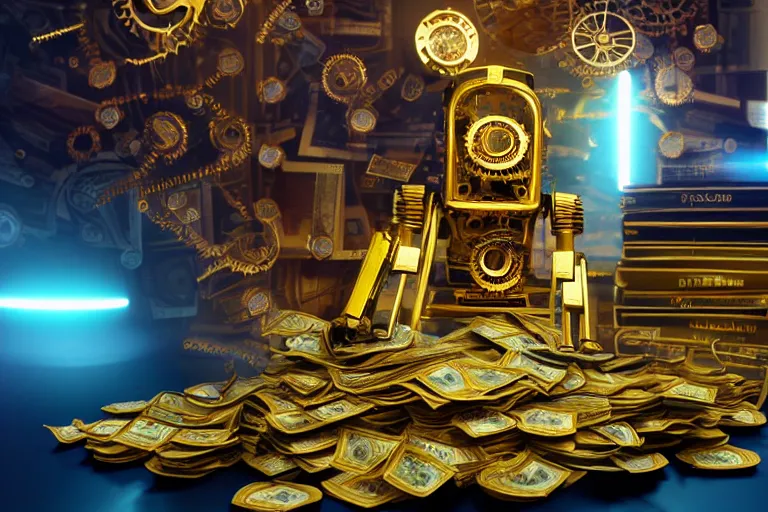 Image similar to photo of a golden and blue metal steampunk office robot with gears and tubes sitting in an office, on the office table and floor is a mountain of money bills, eyes are glowing red lightbulbs, moneybills all over the place, shiny crisp finish, 3 d render, 8 k, insaneley detailed, fluorescent colors, background is multicolored lasershow