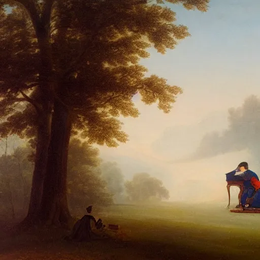 Prompt: an impressively euphoric 1 8 0 0 s romanticism - inspired oil painting depicting a man playing a piano underneath a foggy tree line at dawn inspired by liberty leading the people