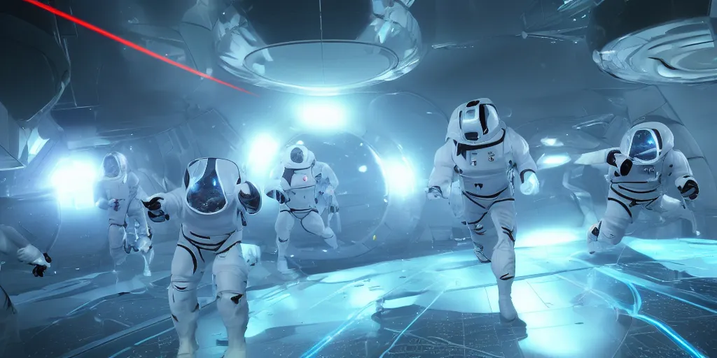 Image similar to futuristic spacemen firing lasers in zero gravity, skintight suits, floating, floating white star - shaped obstacles, surrounded by a laser grid, unreal engine, lensflares, low perspective