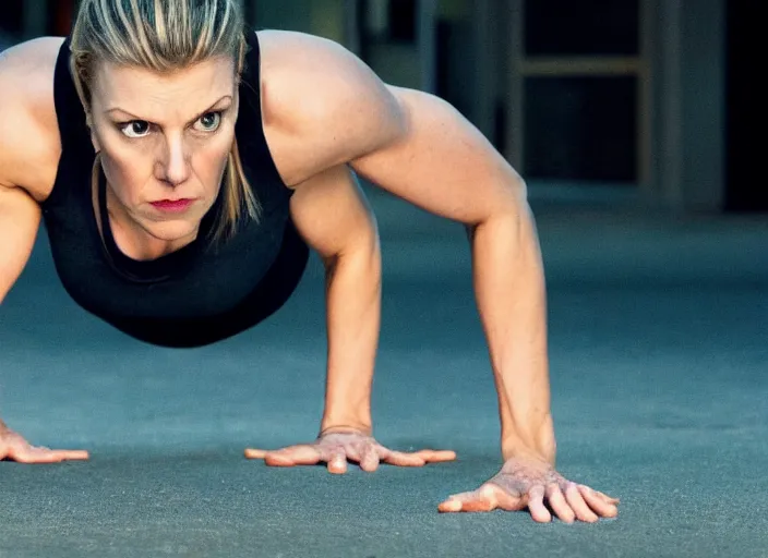 Prompt: very muscular Rhea Seehorn doing push-ups, movie still, realistic, close up, shot by Vince Gilligan, photorealistic