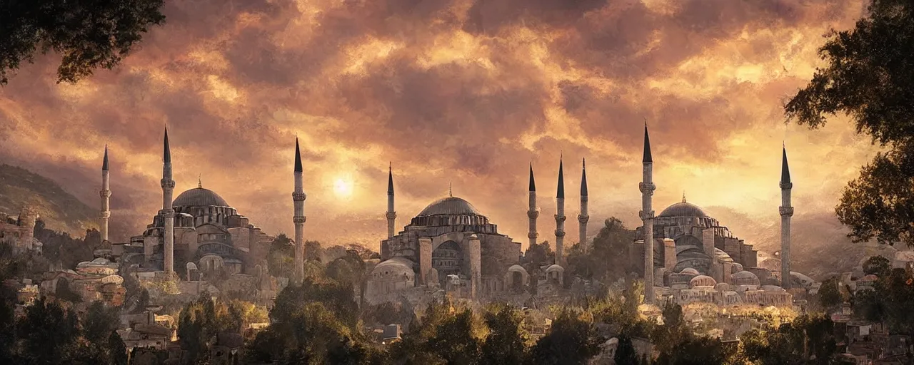 Image similar to historicaly accurate medieval istanbul and hagia sophia scenery landscape, lord of the rings,, rule of thirds, sunset, highly detailed, perfect lighting, perfect composition, 4 k, artgerm, derek zabrocki, greg rutkowski