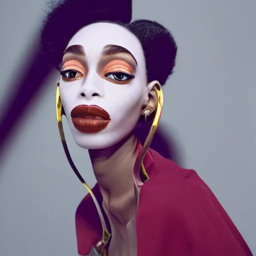 Image similar to realistic photoshooting for a new balenciaga lookbook, vhs colour photography, portrait of model Winnie Harlow woman, in style of Tyler Mitchell, 35mm,