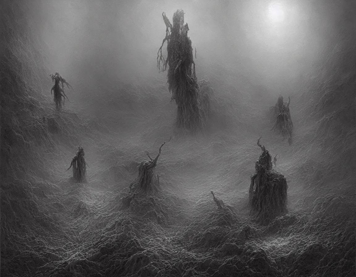 Image similar to a creepy painting of hell. by miles johnston, stephen gammell, gustave dore and zdzisław beksinski. volumetric light, detailed, rendered in octane