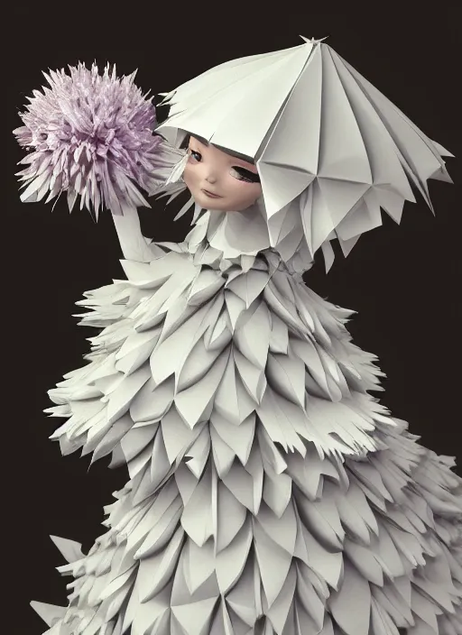 Image similar to background edge of space with puffy clouds are dusk, anthropomorphic paper woman wrapped in a flowing couture tissue paper, paper chrysanthemums, many origami stars, eery light, 3 d, very detailed, octane render, trending artstation, trending cgisociety, artgem