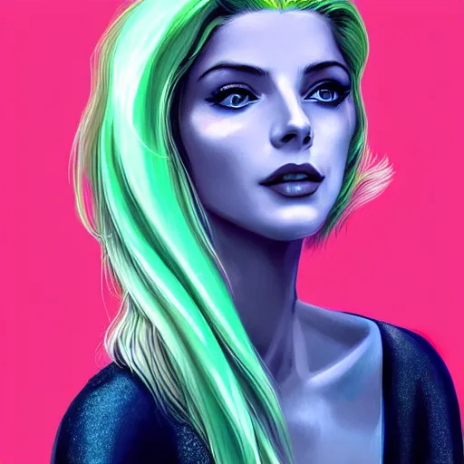 Image similar to A combination of Grace Kelly's and Katheryn Winnick's and Ashley Greene's faces with light green hair as a mermaid on the beach, cyberpunk style, synthwave aesthetic, fantasy, intricate, elegant, highly detailed, digital painting, artstation, concept art, matte, sharp focus, illustration, half body portrait, anime style, blue tint, art by Artgerm and Greg Rutkowski and Alphonse Mucha