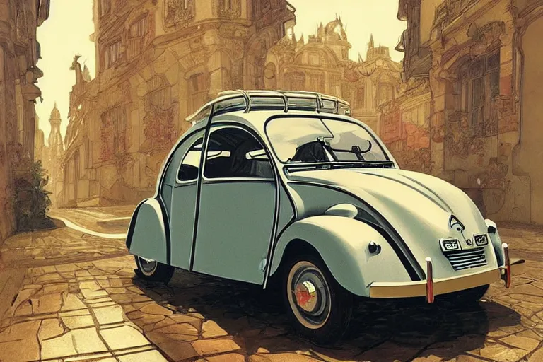 Image similar to 1950s citroen 2CV, fantasy, elegant, intricate, highly detailed, digital painting, artstation, concept art, sharp focus, illustration, art by artgerm and greg rutkowski and alphonse mucha