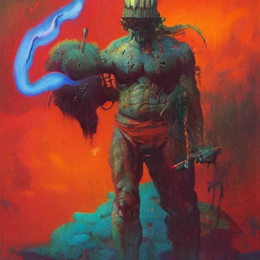 Prompt: a detailed and vibrant portrait painting inspired by beksinski and frank frazetta of a powerful paladin wearing little clothes and holding a sword shooting lightning