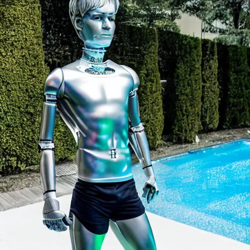 Image similar to a realistic detailed photo of a guy who is an attractive humanoid who is half robot and half humanoid, who is a male android, soccer player martin ødegaard, shiny skin, posing like a statue, blank stare, by the pool, on display, showing off his muscles, humanoid robot, frozen ice statue