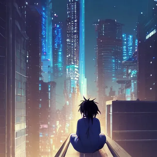 Image similar to beautiful anime painting of a woman with dark - blue hair sitting on a rooftop in a cyberpunk city, nighttime, by makoto shinkai, kimi no na wa, artstation, atmospheric, high detail