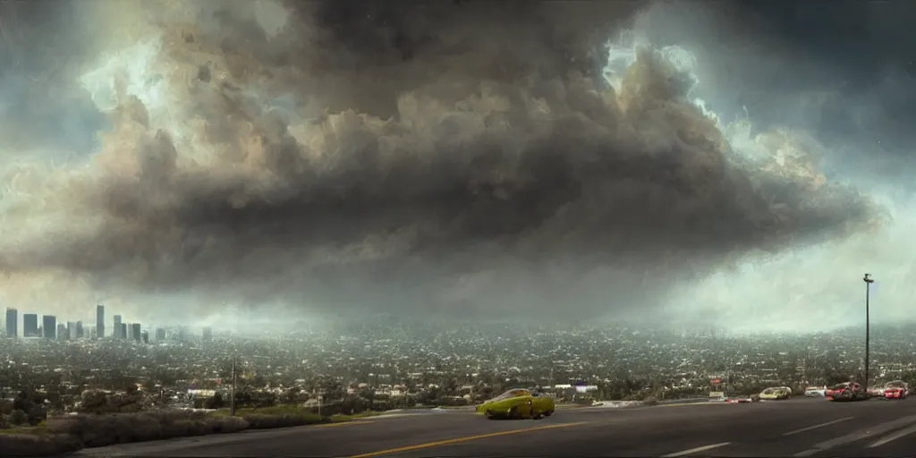 Image similar to a strong lovecratian monster attacks a rich los angeles suburb, matte painting trending on artstation, james gurney, view from a car, ominous sky