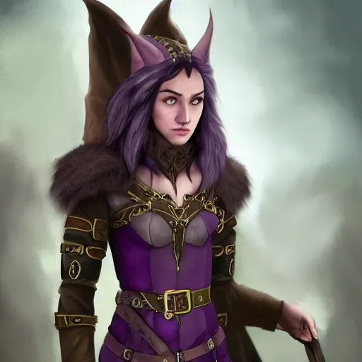 Image similar to anya charlota as a medieval fantasy tolkien elf, dark purplish hair tucked behind ears, wearing leather with a fur lined collar, wide, muscular build, scar across the nose, one black, scaled arm, cinematic, character art, digital art, realistic. 8 k, detailed.