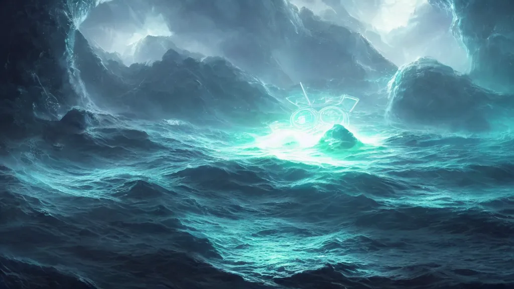 Image similar to a magical portal with glowing runes made of pure energy is opening at the surface of the ocean, dramatic lighting, dynamic lighting, cinematic lighting, by krenz cushart and artgerm, unreal engine, featured on artstation