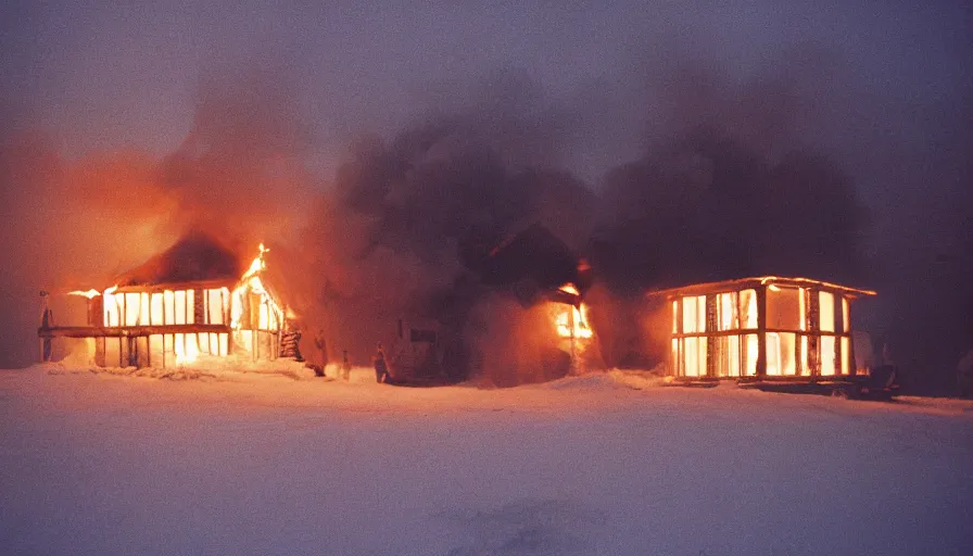 Prompt: 1 9 7 0 s movie still of a heavy burning french style little house in a small northern french village by night in winter, cinestill 8 0 0 t 3 5 mm, heavy grain, high quality, high detail, dramatic light, anamorphic, flares