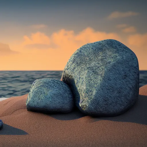 Image similar to a beautiful rock on the beach, octane render, nvidia raytracing demo, detailed, 8 k, masterpiece