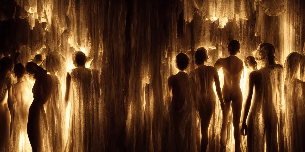 Image similar to love, groups of translucent people with short glowing hair, from behind, rebirth, wide angle, cinematic atmosphere, elaborate, highly detailed, dramatic lighting