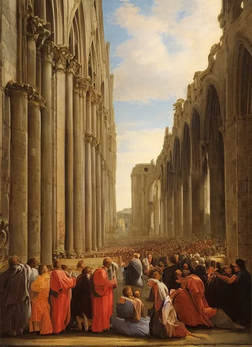 Image similar to lisabeth louise vigee - le brun large crowd of medieval monks gathered at giant gothic ruins cathedral and raising a magical glowing spirit, old master painting with stunning lighting and details photoreal dusk sun lit light