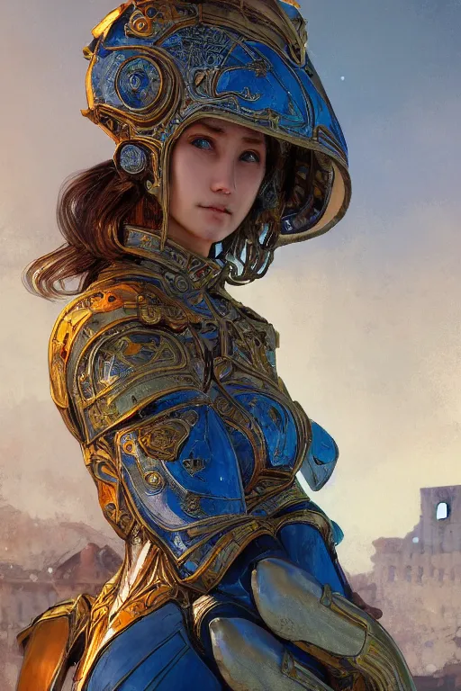 Image similar to portrait knights of Zodiac girl, metalic orange and dark blue reflected armor, in ruined Agora of Athens, ssci-fi, fantasy, intricate, very very beautiful, elegant, golden light, highly detailed, digital painting, artstation, concept art, smooth, sharp focus, illustration, art by tian zi and WLOP and alphonse mucha