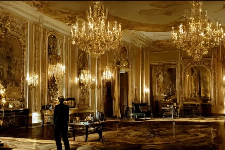 Image similar to cinematography of detectives investigating a crime scene in an decadent palace foyer by Emmanuel Lubezki