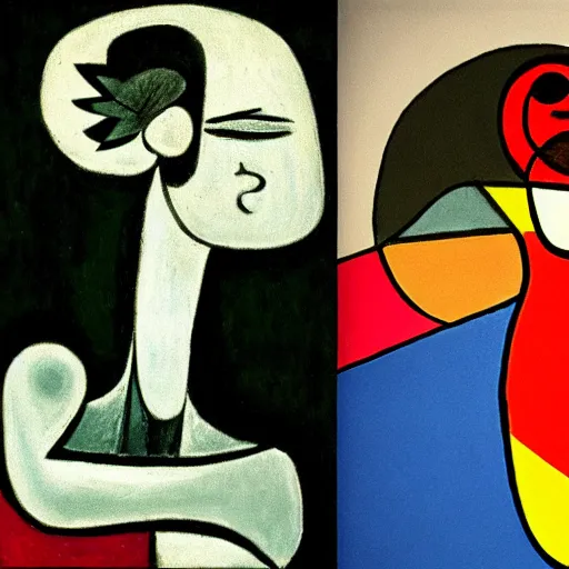 Prompt: picasso and miro showcasing their respective art