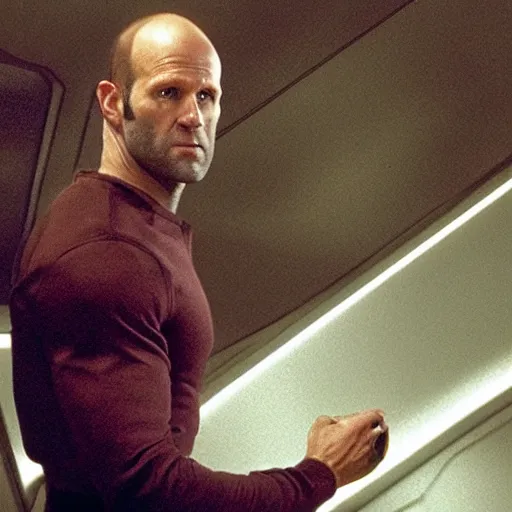 Image similar to ultra - realistic photo of jason statham as jean luke picard telling the bridge of the enterprise to engage.