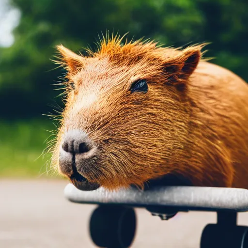 Prompt: A close up photo of a capybara riding a skateboard , 4K, high quality