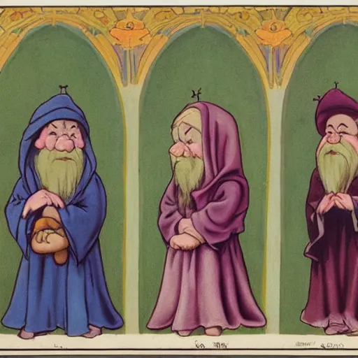 Image similar to seven dwarves in catholic religious garb with halos, background of poison apples, art nouveau