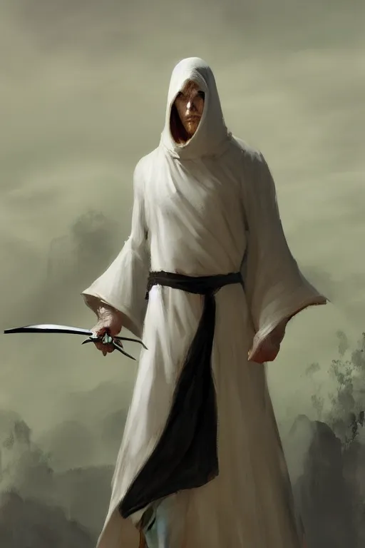 Image similar to fantasy painting of a pale man dressed in robes with a black blade, painted by Bayard Wu, ultra detailed, 8k