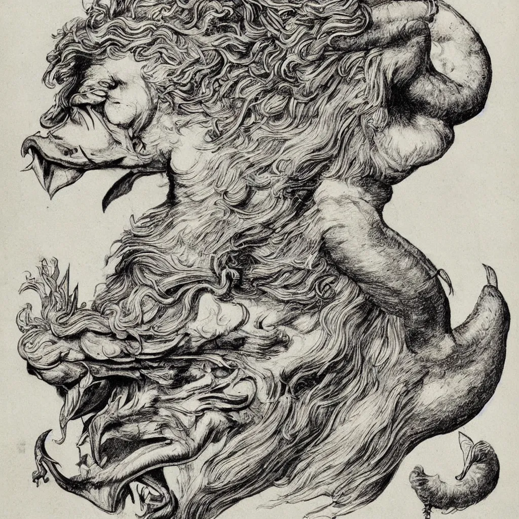 Image similar to human / eagle / lion / ox hybrid with two horns, one beak, mane and human body. drawn by da vinci