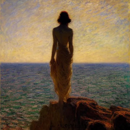 Prompt: a person standing on a cliff, looking out at the ocean, by gaston bussiere, craig mullins, j. c. leyendecker, claude monet