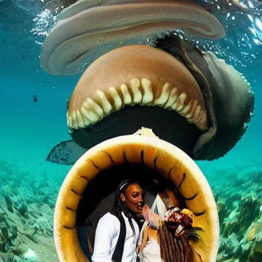 Image similar to “a pair of nautilus animals getting married inside a whales mouth with snoop dog as the priest at the wedding, award winning photo.”