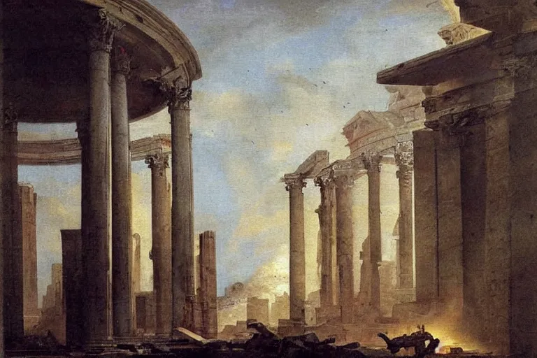 Prompt: painting spaceship crashed into rome temple by hubert robert detailed