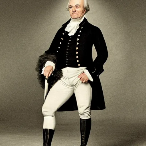 Prompt: a photo of James Monroe Igelhart dressed as John Adams in Hamilton musical,