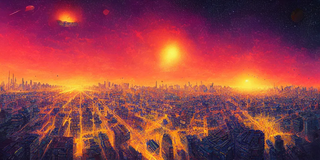 Prompt: asteroids over the city by alena aenami