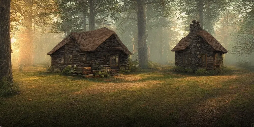 Image similar to a single cottage in the woods and empty woods, 8k, fantasy, realistic, atmospheric lighting