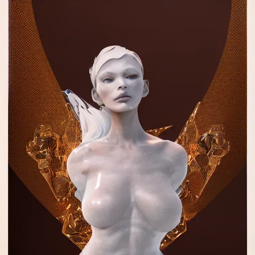 Image similar to abstract female sculpture made of white marble and amethyst crystals quartz, ethereal lights, fine details, artstation, film still, cinematic photoshooting, luxury, golden filigree, octane render