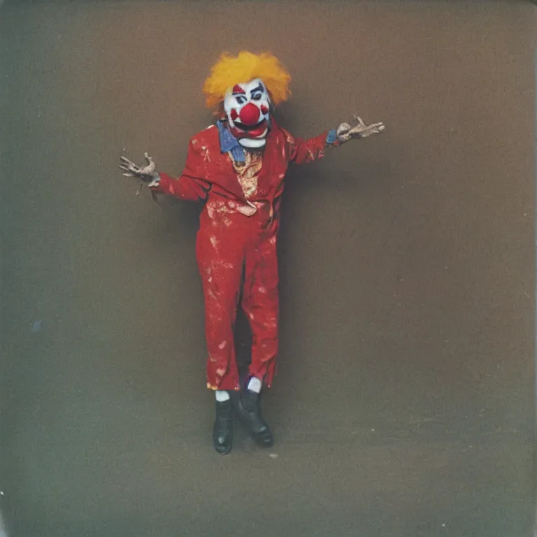 Prompt: color photo of the world's happiest clown, weathered polaroid, circa 1 9 8 6, technicolor, archival quality image, photograph scanned by